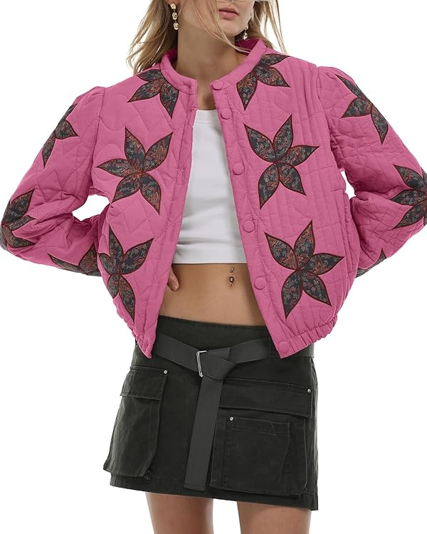 Gacaky Women's Lightweight Floral Embroidered Cropped Quilted Jacket Winter Warm Button Down Puff... | Amazon (US)