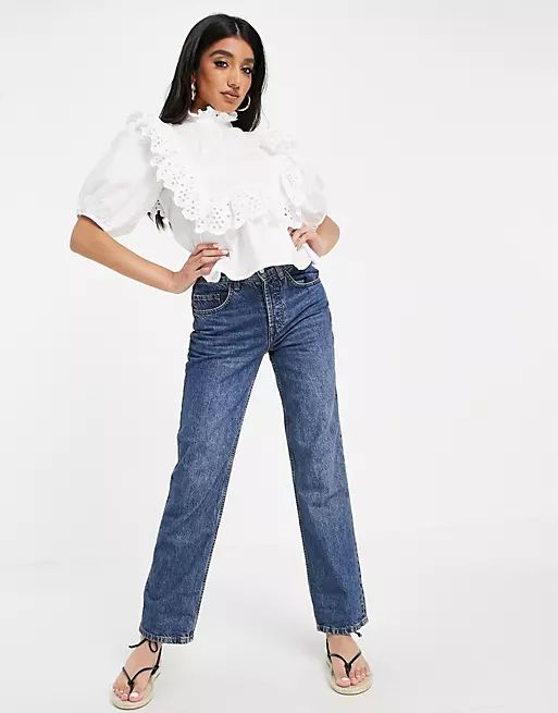 ASOS DESIGN high neck top with eyelet ruffle detail in white | ASOS | ASOS (Global)