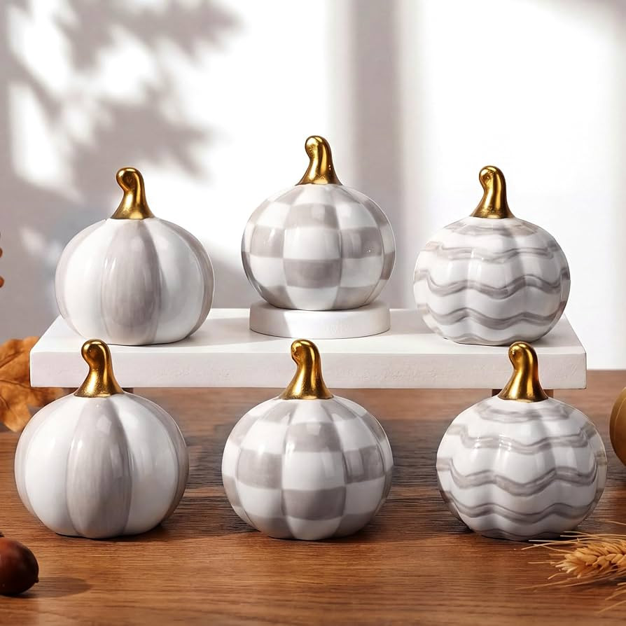 DoubleFill 6 Pcs White Checkered Stripe Ceramic Pumpkins Fall Centerpiece | Amazon (US)