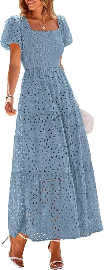 PRETTYGARDEN Summer Dresses for Women 2026 Eyelet Square Neck Puff Sleeve Smocked Wedding Guest M... | Amazon (US)