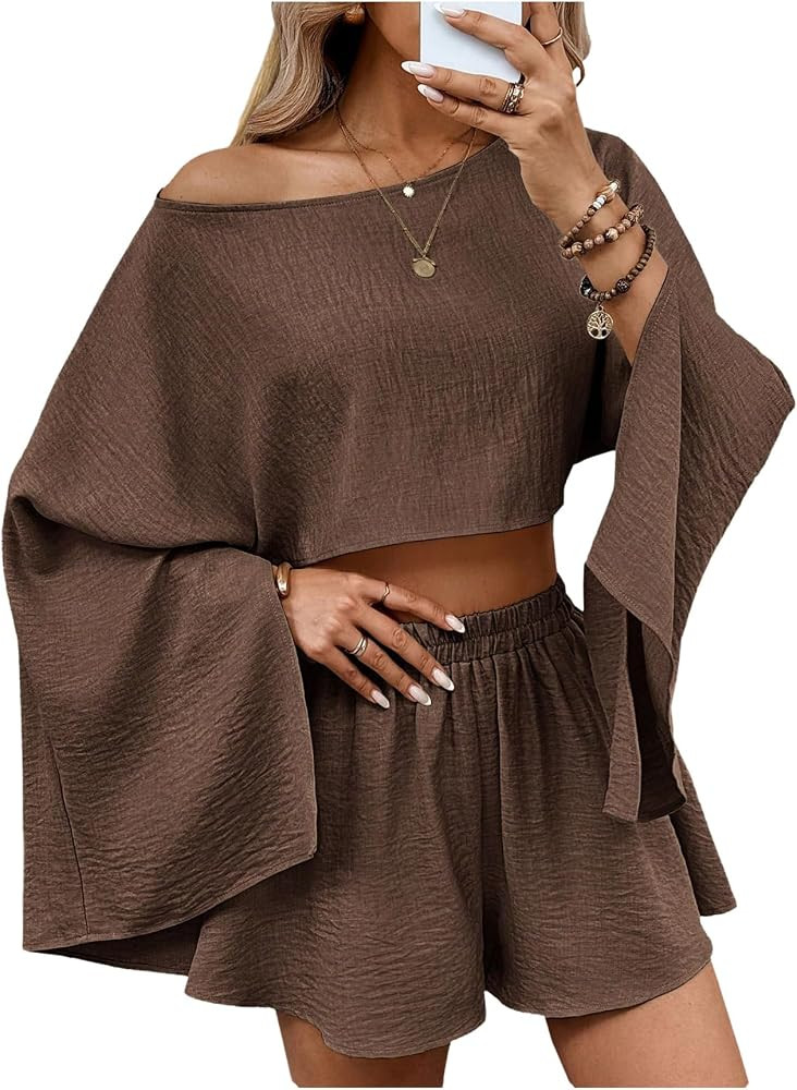 Milumia Women 2 Piece Shorts Set Casual Vacation Cruise Outfits Off the Shoulder Tops and Shorts ... | Amazon (US)