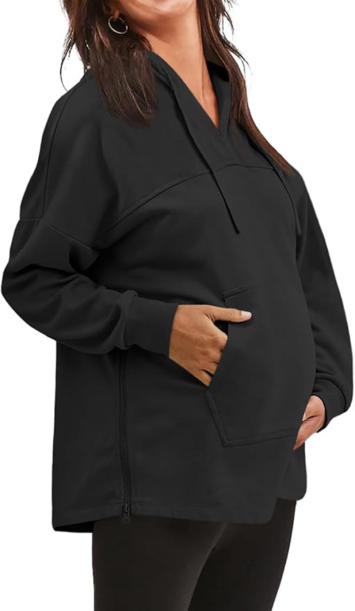 Fisoew Women's V Neck Maternity Hoodies Zipper Nursing Tunic Tops With Kangaroo Pocket | Amazon (US)