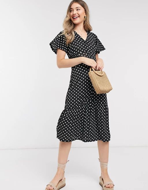 River Island polka dot tiered midi dress in black | ASOS (Global)