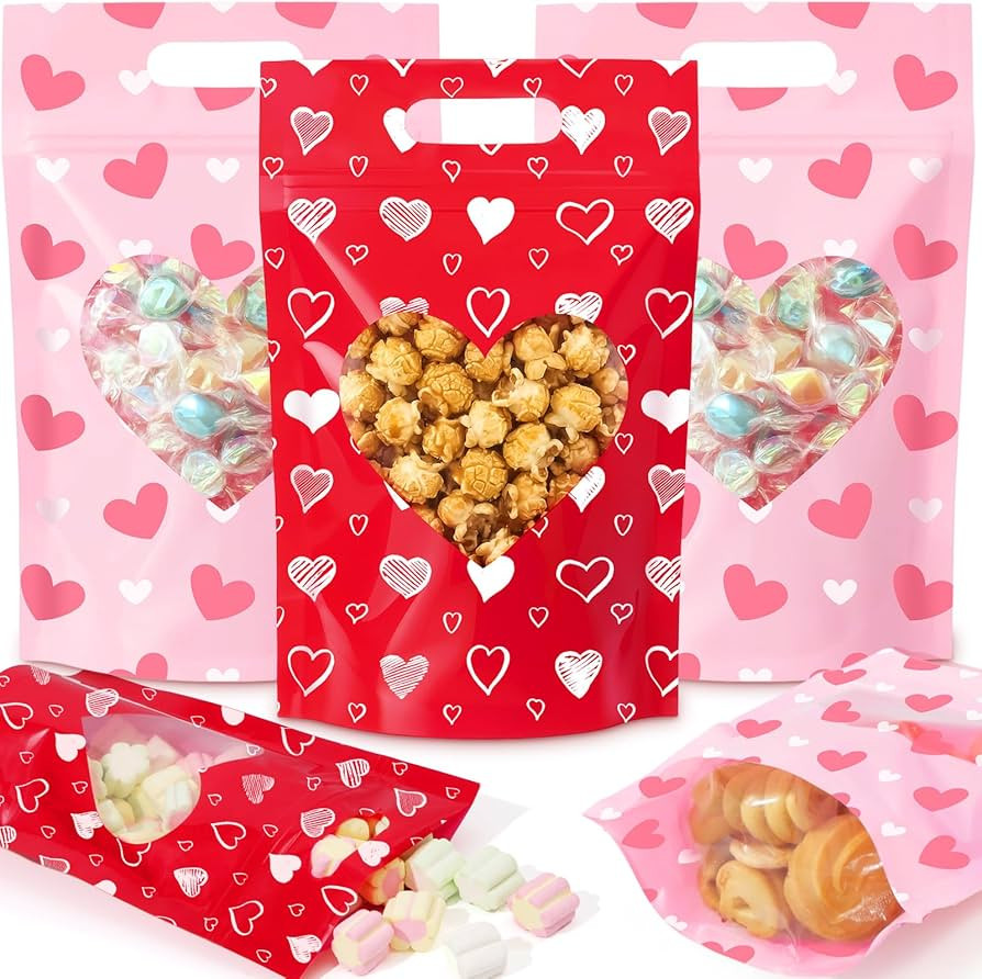 AmazingSpark 48 Pcs Valentine's Day Candy Treat Bags with Window, Heart Pattern Plastic Sealing B... | Amazon (US)