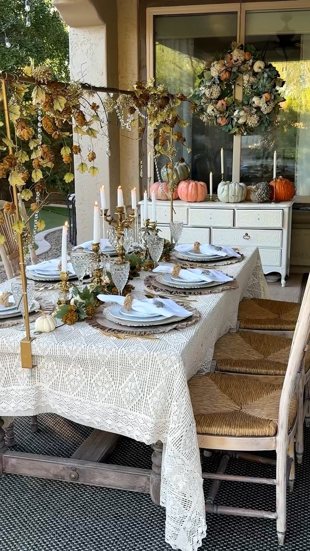 Alfresco Fall tablescape featuring Arte Italica Crown Linen mocha velvet placemats and Fall Sprig napkins. 

Hops stems and garland from @shoppe.Crown.and.sparrow 

#falldecor #tablescape #tabletopdecor

#LTKSeasonal #LTKHome #LTKVideo