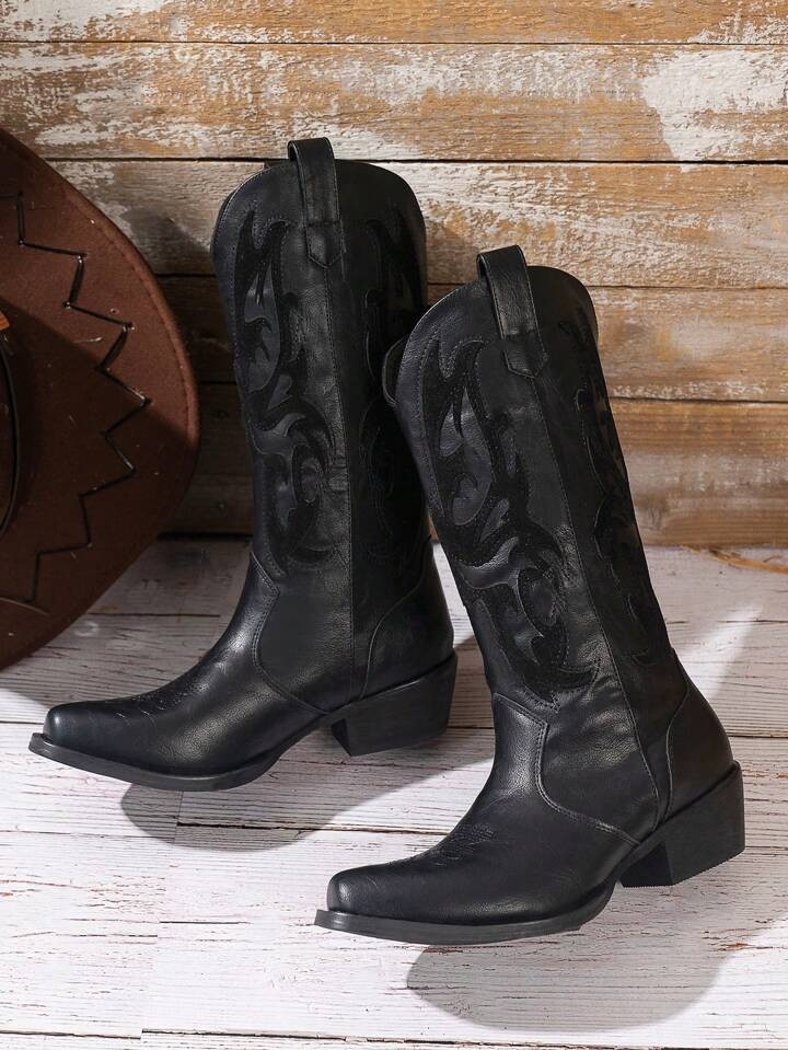 Women's Fashionable Vintage Autumn Embroidered Western Cowboy Boots | SHEIN