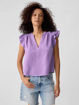 Gauze Splitneck Flutter Sleeve Top | Gap Factory
