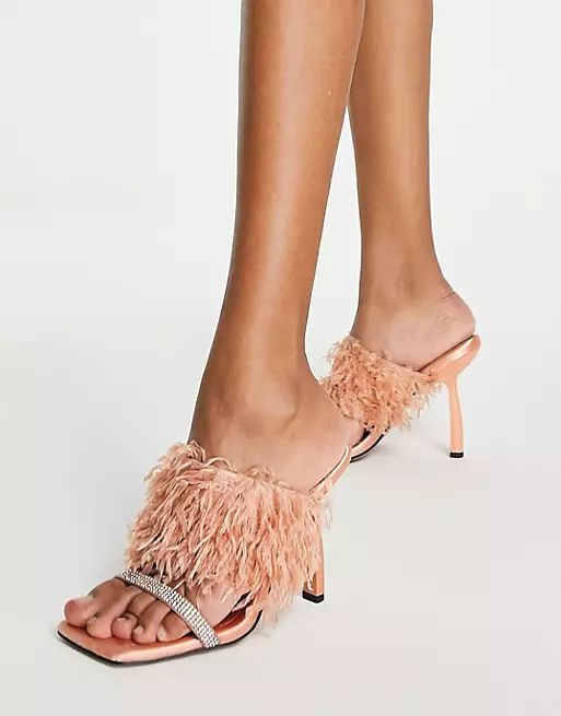 ASOS DESIGN Nettle faux feather embellished heeled mules in apricot | ASOS (Global)