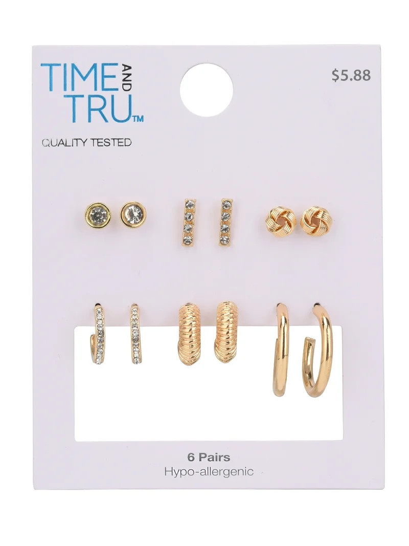 Time and Tru Adult Women's Gold Tone 6 Pair Stud and Hoop Crystal Metal Earring Set | Walmart (US)