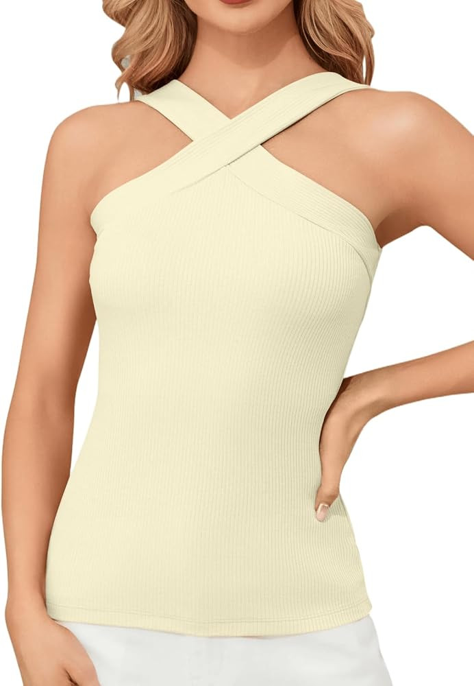 H HIAMIGOS Halter Tops for Women Cross Halter Neck Tank Ribbed Knit Sleeveless Fitted Summer Tops... | Amazon (US)