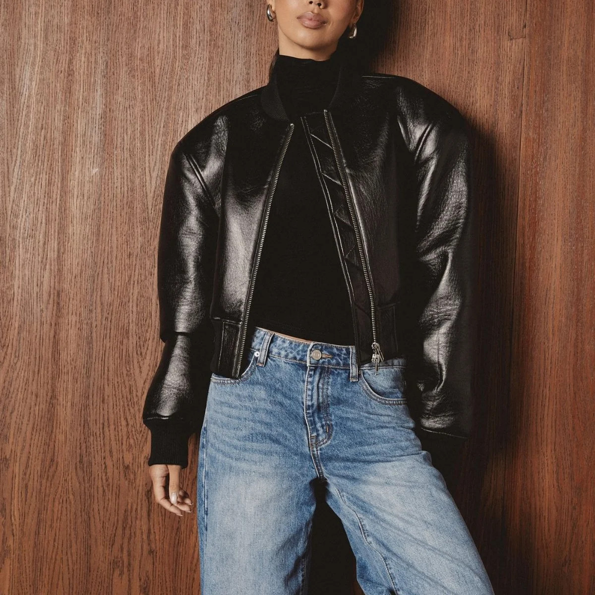 KYLIE Black PU Bomber Jacket | Noughts and Kisses