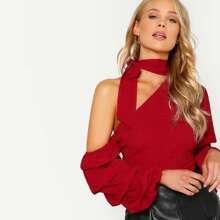 Self Tie Choker Bishop Sleeve Asymmetric One Shoulder Blouse | SHEIN