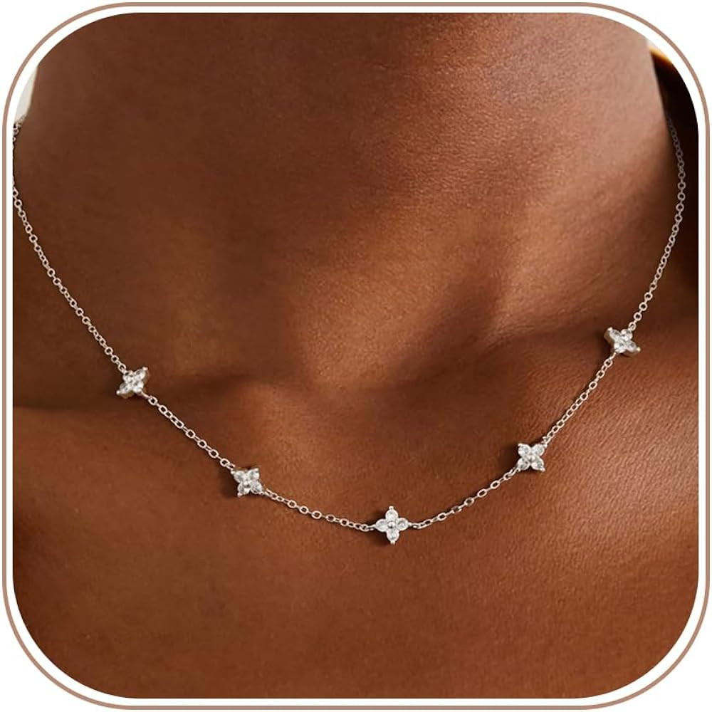 Dainty Silver Gold Necklaces for Women Cute Station Choker Simulated Diamond Necklace Trendy Non ... | Amazon (US)