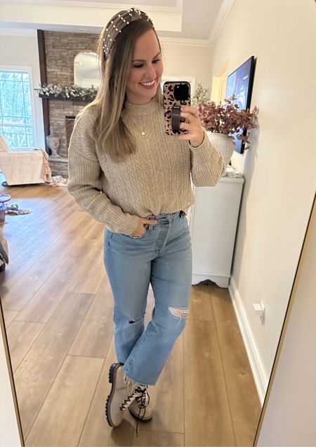Amazon fashion finds: Casual winter outfit! Love this classic cable knit sweater paired with straight leg high waisted jeans and my fave target hiking boots!!! Also linking my dainty necklace that says “you are loved” in reverse that that you have that sweet reminder when you look in the mirror! 💖 

Mom style. Affordable fashion. Pinterest inspired. Feminine style. 

#LTKSeasonal #LTKfindsunder50 #LTKGiftGuide