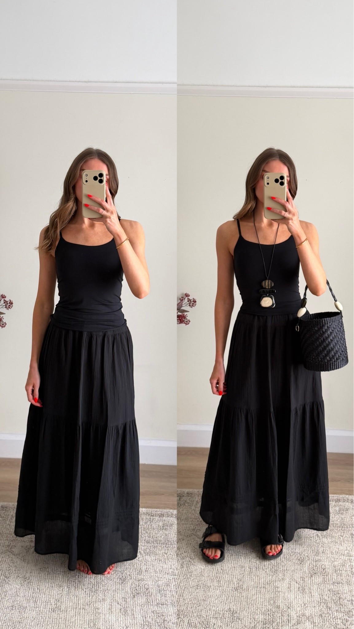 XS in the AIRism black vest 
Tiered Maxi Skirt
Colour: 09 BLACK
Size: Women XS - I’m 5ft 6
Length: Tall

@uniqlo AD