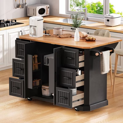56 inch Black Kitchen Island with Rubber Wood Veneer Drop Leaf Rolling Kitchen Cart on 4 Wheels for Kitchen Dining Room | Target