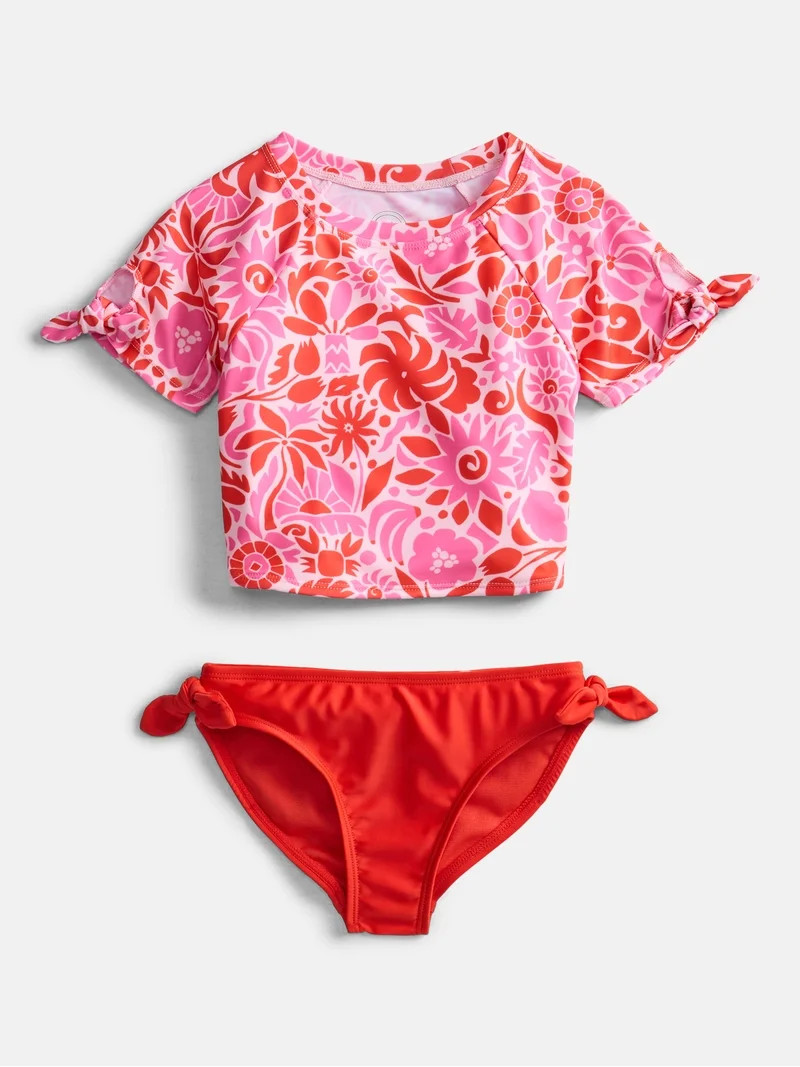 Wonder Nation Girls Short Sleeve Rash Guard Swim Set, Two-Piece, Sizes 4-18 | Walmart (US)