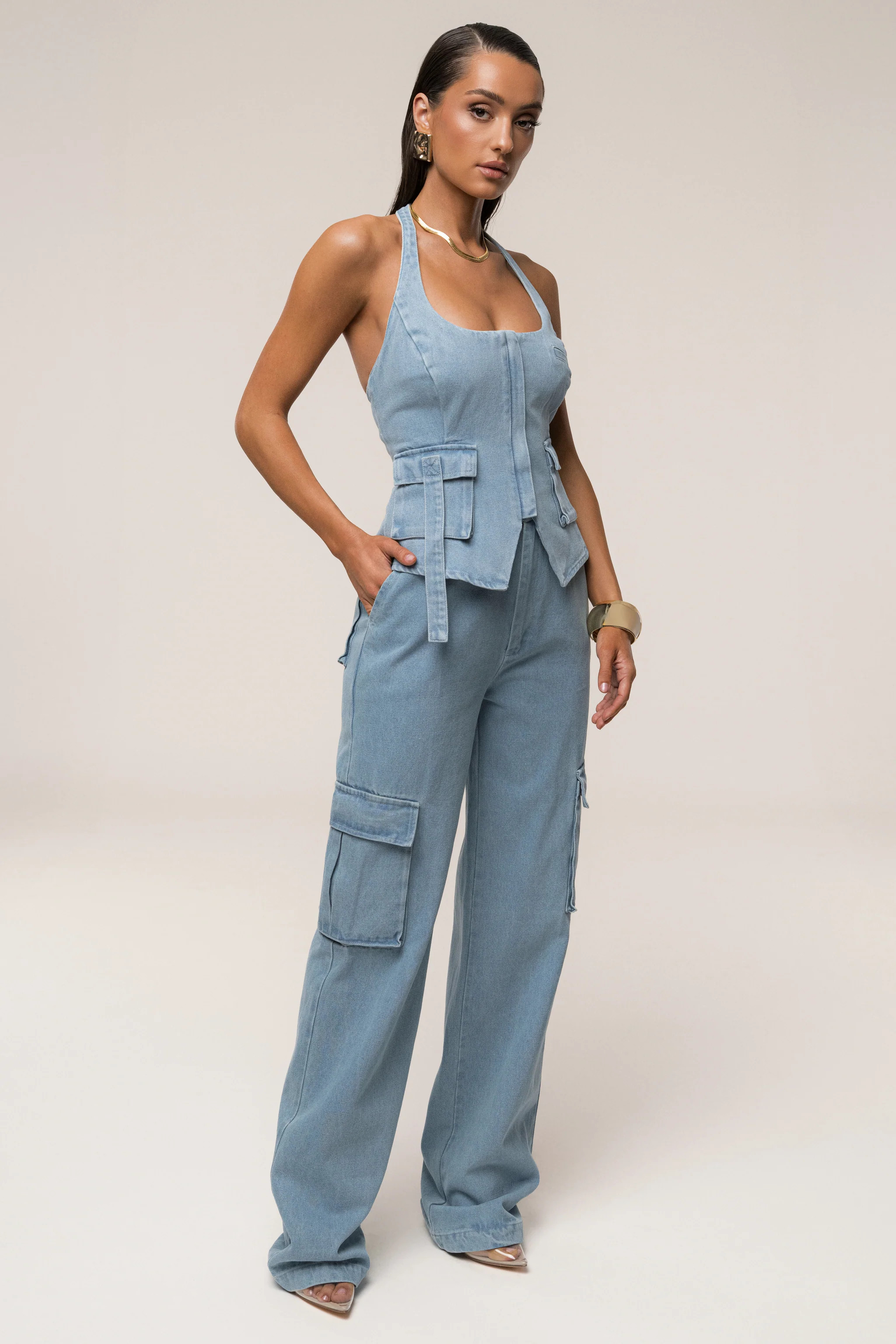 Medium Wash Denim Utility Cargo Pants | JLUXLABEL