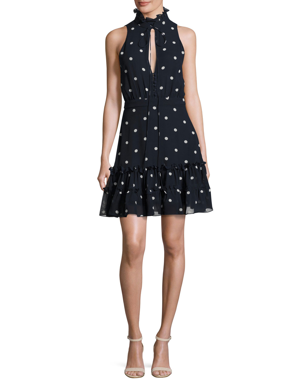 Sleeveless Polka Dot Silk Mini Dress, Navy Blue/White | Neiman Marcus