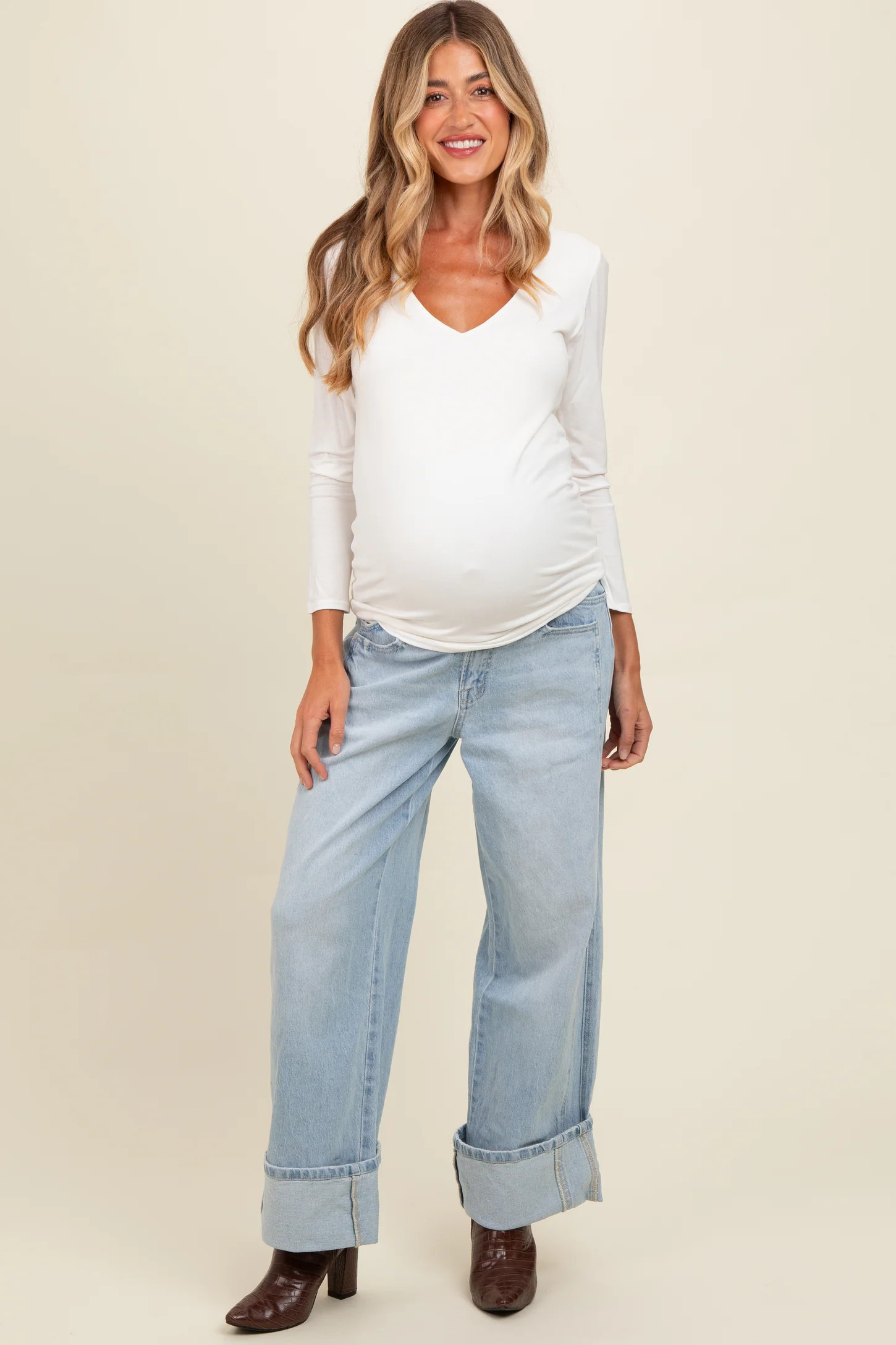 Light Blue Cuffed Relaxed Wide Leg Maternity Jeans | PinkBlush Maternity