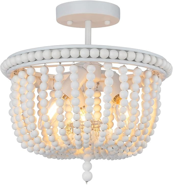 White Wood Bead Chandelier, 3-Light Boho Semi Flush Mount Ceiling Light Fixture, Baby Nursery Lig... | Amazon (US)