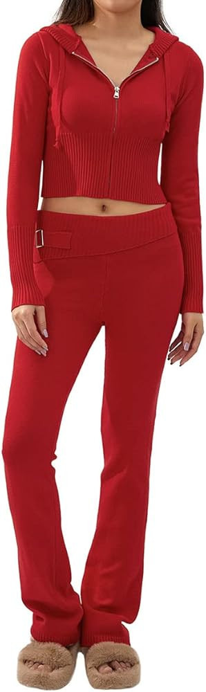 Women 2 Piece Knit Set Solid Color Slim Fit Hooded Tops High Waist Long Pants Set Going Out Track... | Amazon (US)