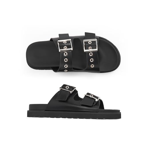 Easyfox Black Flat Sandals for Women Black Slide Sandals Double Buckle Adjustable Sandals Open Toe Slip On Platform Sandals Size 7 | Amazon (US)