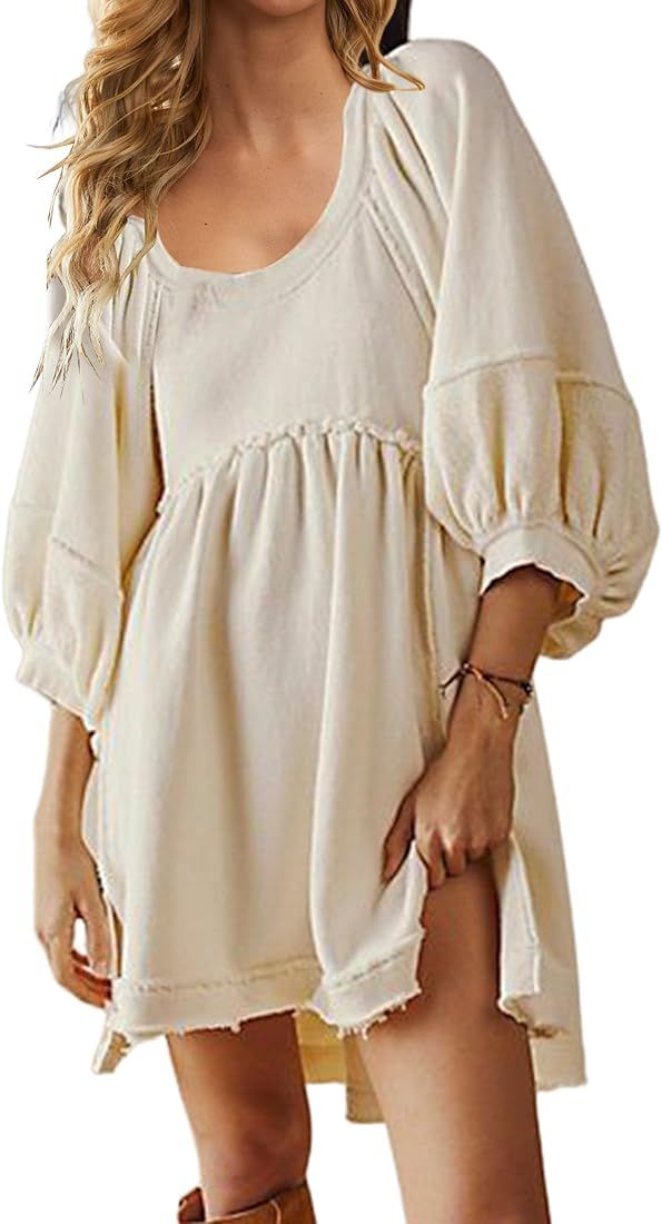 Meladyan Women Oversized Sweatshirt Dress Raglan Lantern Sleeve Scoop Neck Pullover High Low Hem Flo | Amazon (US)