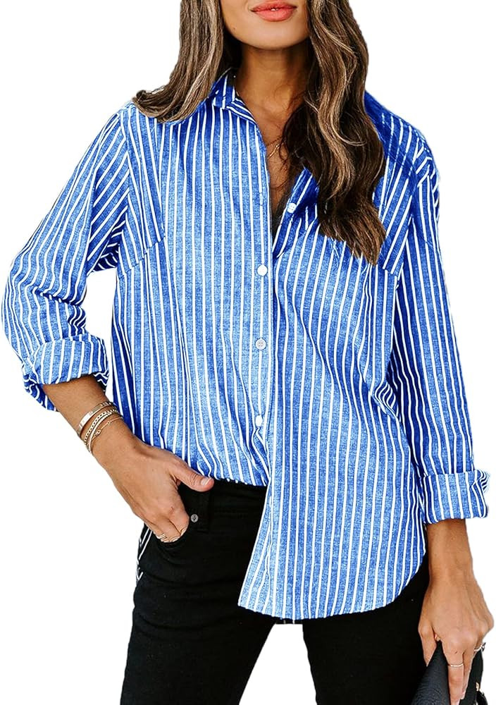 Paintcolors Women's Stripes Button Down Shirts Roll-up Sleeve Tops V Neck Collared Casual Work Blous | Amazon (US)