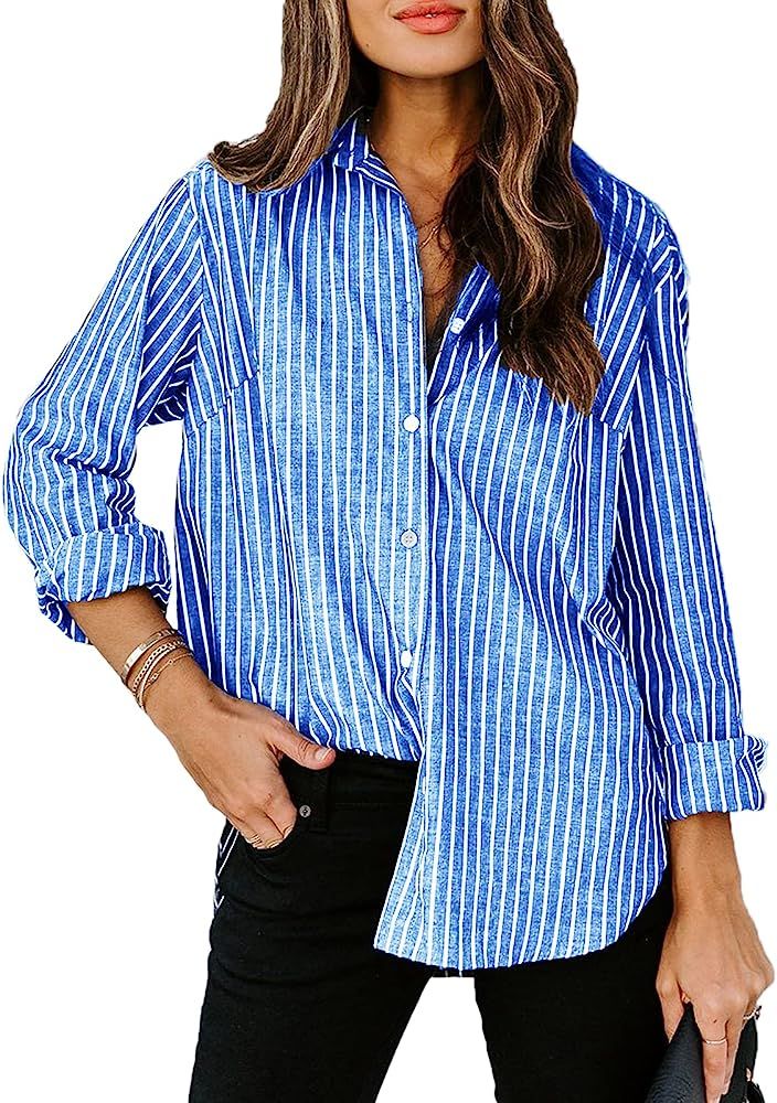 Paintcolors Women's Stripes Button Down Shirts Roll-up Sleeve Tops V Neck Collared Casual Work Blous | Amazon (US)