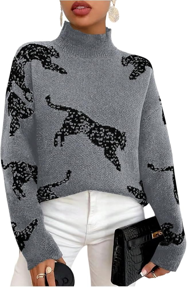 WDIRARA Women's Leopard Tiger Print Sweater High Neck Long Sleeve Fuzzy Knitted Pullover Top | Amazon (US)