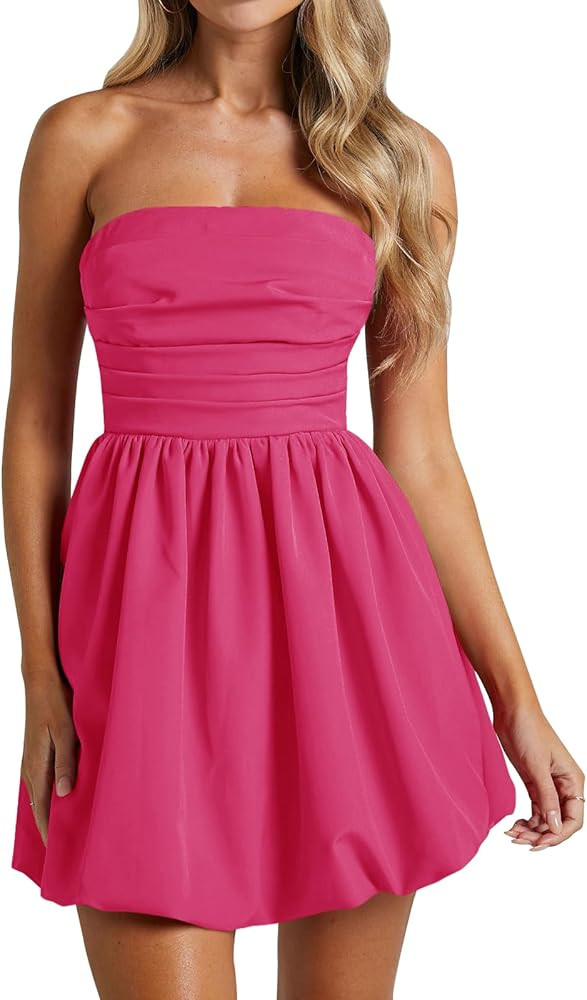 Wenrine Women's Sexy Strapless Summer Mini Dress Sleeveless Smocked A Lined Bubble Wedding Club P... | Amazon (US)