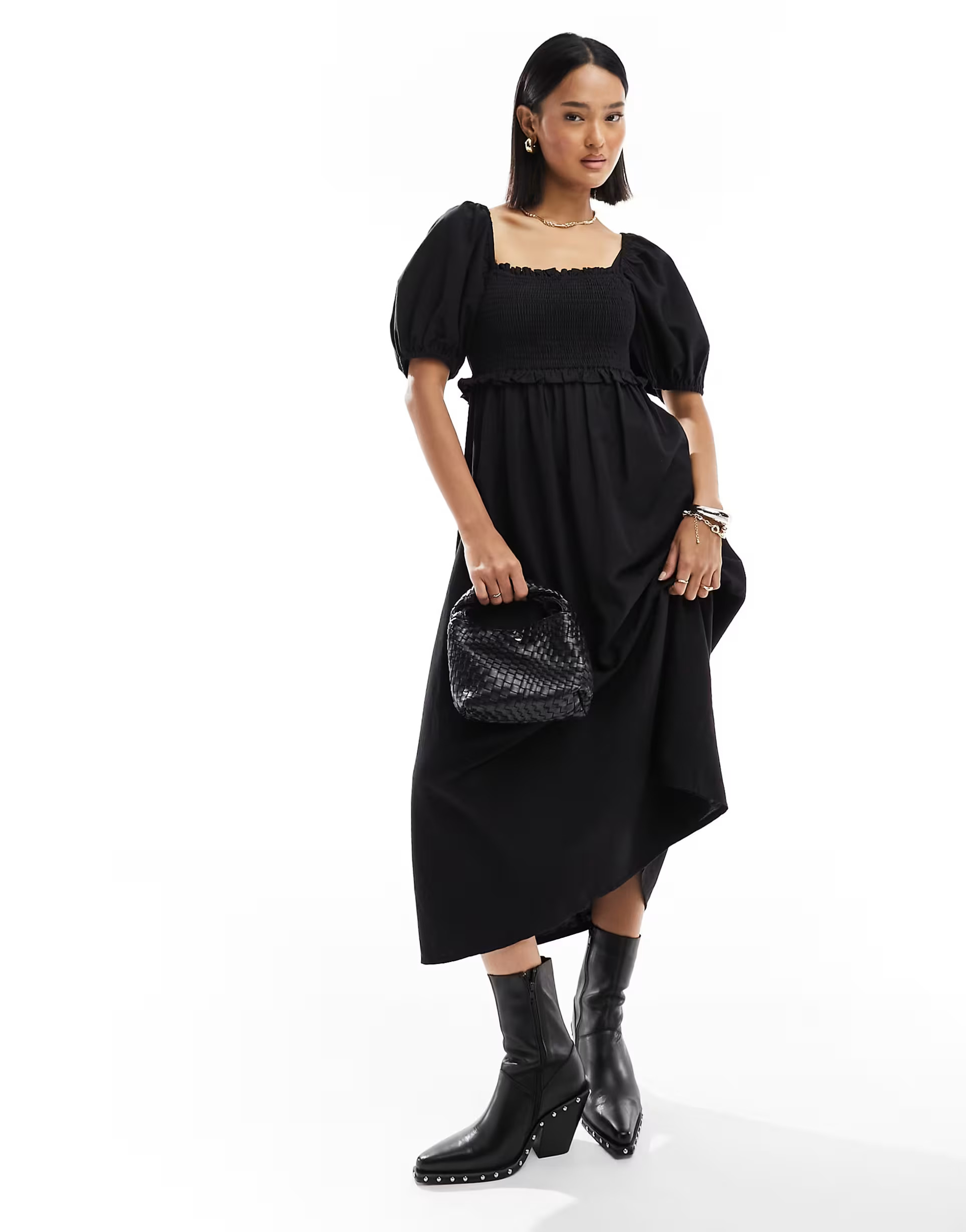 New Look shirred puff sleeve linen blend midi dress in black | ASOS (Global)