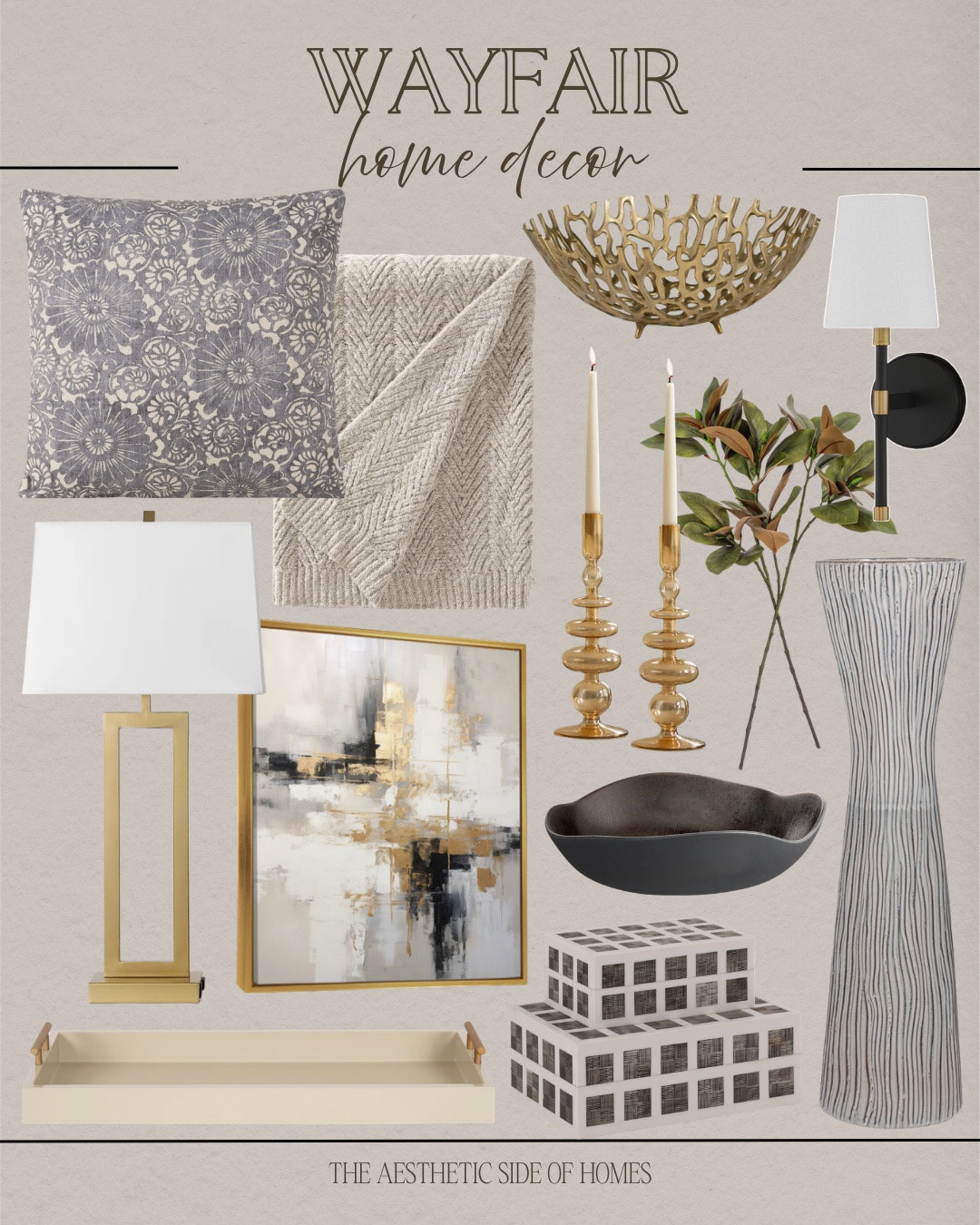 @Wayfair home decor includes decorative bowl, sconce, floor vase, greenery stem, candlestick holder, wall art, throw pillow, throw blanket, table lamp, tray, decorative boxes.

Home decor, looks for less, styled home, neutral home decor

#LTKHome #LTKSeasonal #LTKSaleAlert