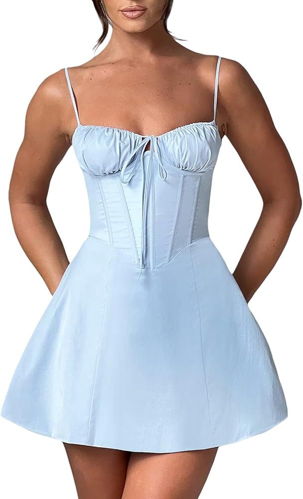 Women Y2K Square Neck Lace Mini Dress Low Cut A-Line Going Out Dress Spaghetti Strap Bustier Dres... | Amazon (US)