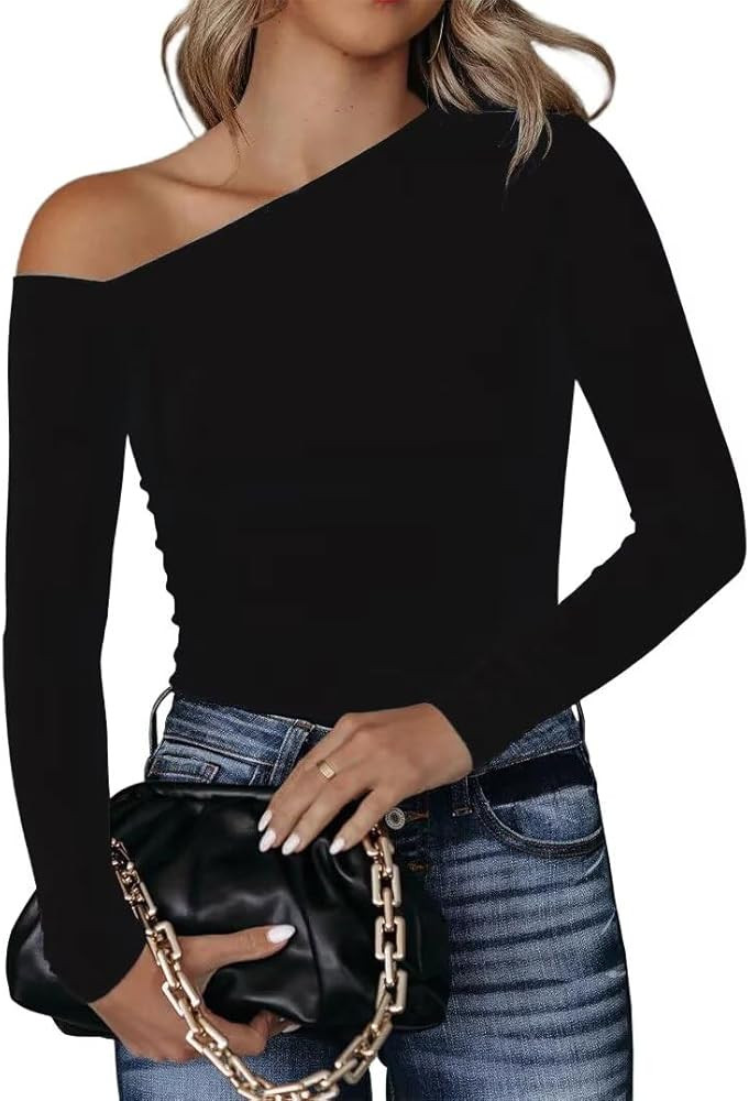 BONITEE Women's One Off Shoulder Tops Asymmetrical Neck Long Sleeve Slim Wrap Tee Shirt Blouse | Amazon (US)