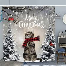1pc Christmas Winter Cat Shower Curtain Snow Pine Tree Bathroom Decor with Hooks | SHEIN