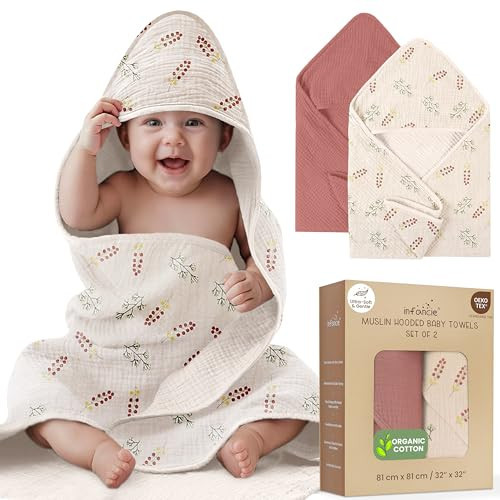 infancie Organic Cotton Muslin Baby Hooded Towels - 32x32 Inch, 2 Pack Newborn Bath Towels for Boys & Girls, Soft & Absorbent Bath Set (Pink/Floral) | Amazon (US)