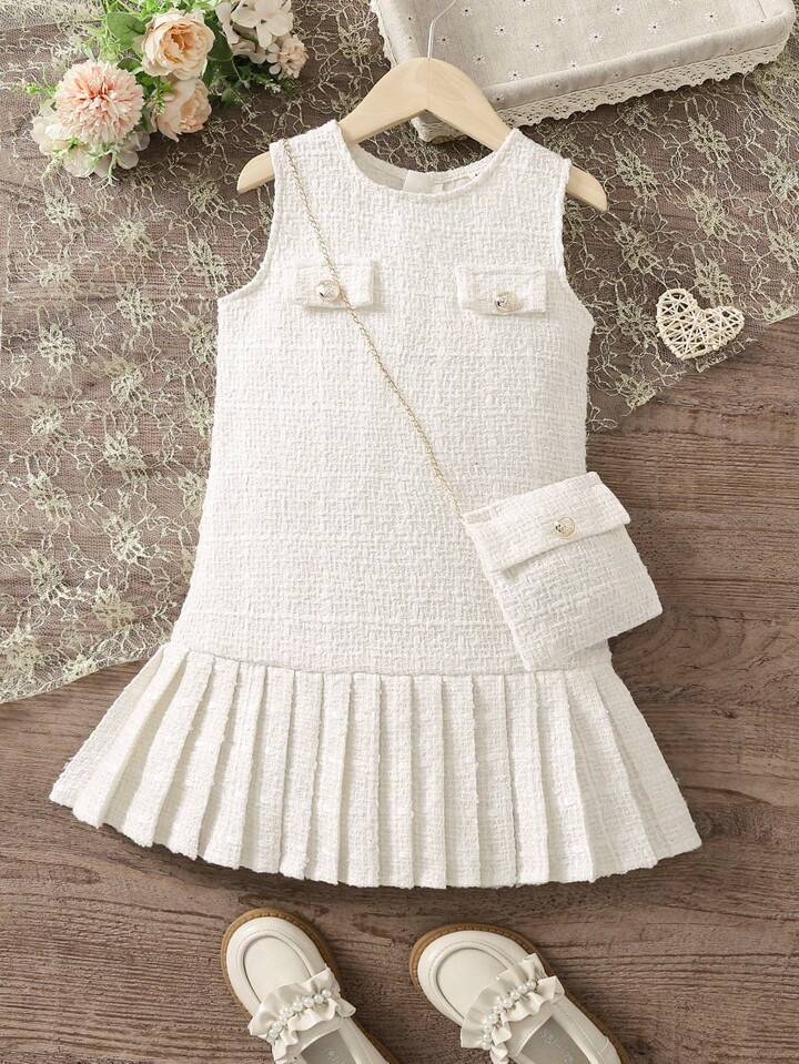 SHEIN Young Girl Pleated Hem Tweed Dress | SHEIN