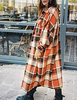 Uaneo Womens Casual Plaid Button Down Long Puff Sleeve Long Trench Coats Shackets | Amazon (US)