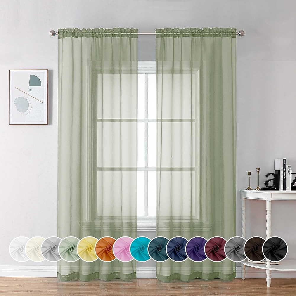 2 Panels Sage Green Sheer Curtains 84 inches Long, Lightweight Soft Window Treatment Volie Drapes... | Amazon (US)