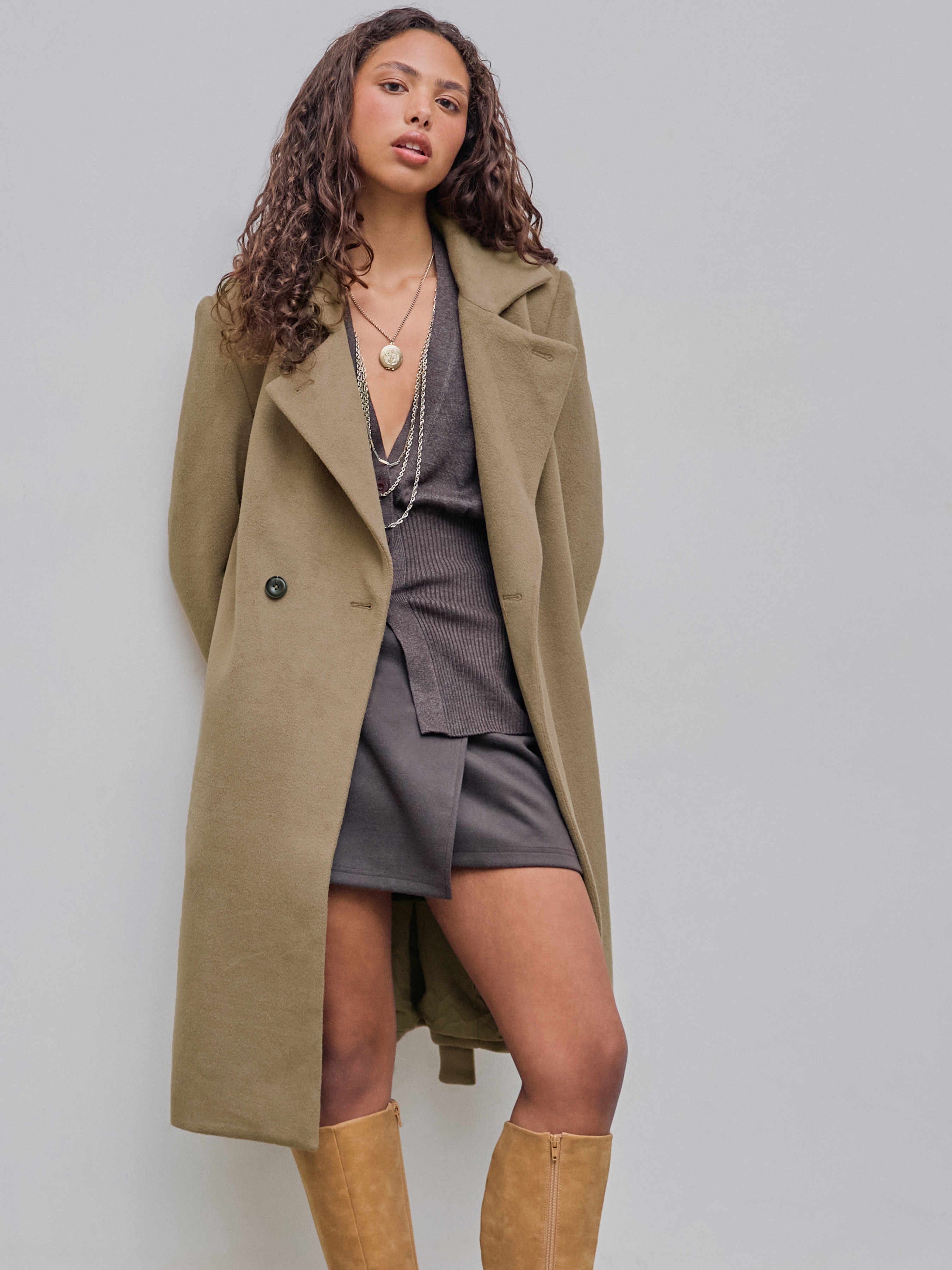 Wool-blend Collar Solid Belted Button Coat | Cider