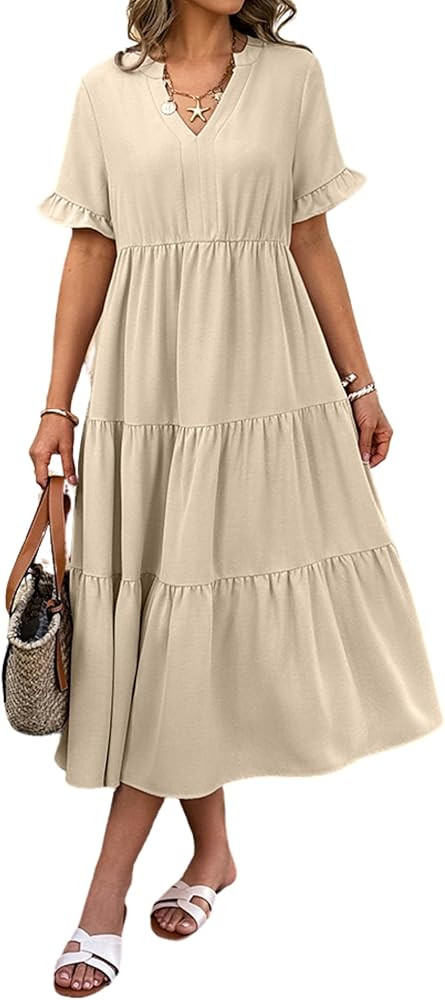 Theenkoln Womens Casual Midi Dress: Short Sleeve V-Neck Empire Waist Gingham Spring Fashion Long ... | Amazon (US)