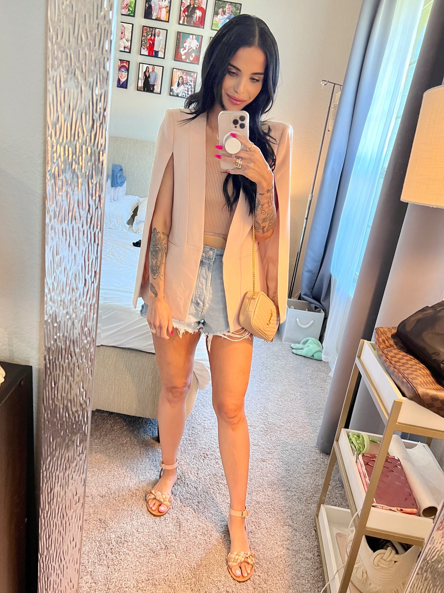Dress up any outfit by adding a blazer.Perfect outfit for summer to fall transition. Blazer nude top high waisted shorts sandals. 

#LTKSeasonal #LTKU #LTKstyletip
