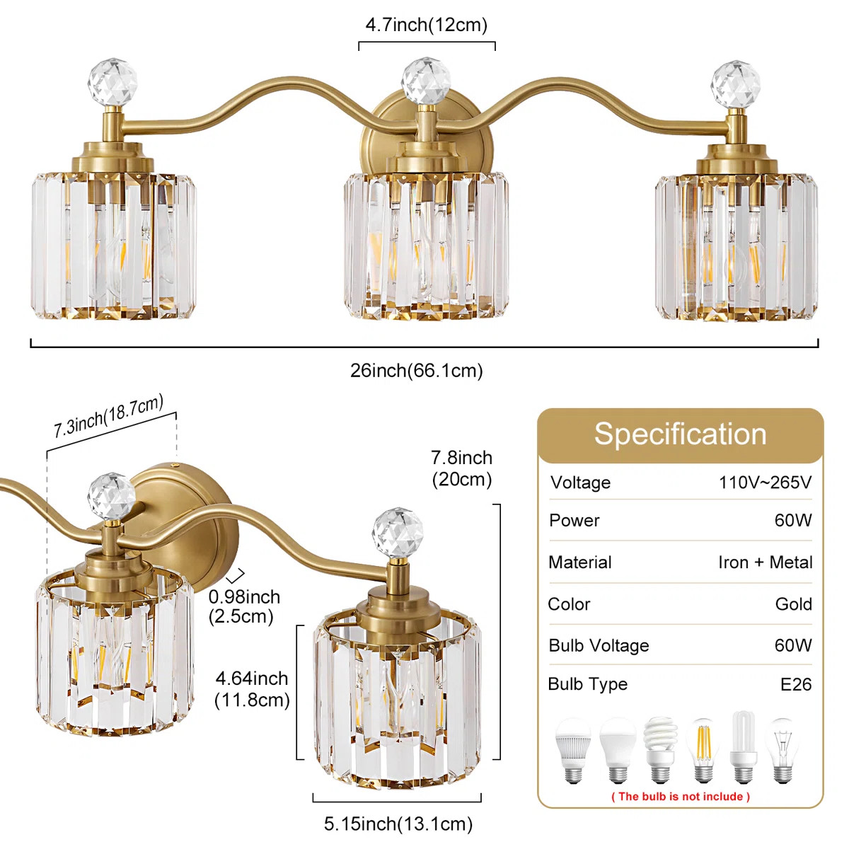 Emilion Dimmable Bathroom Vanity Light With Crystal Shade | Wayfair North America
