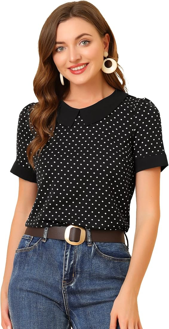Allegra K Women's Peter Pan Collar Shirt Vintage 1950s Polka Dots Blouse | Amazon (US)