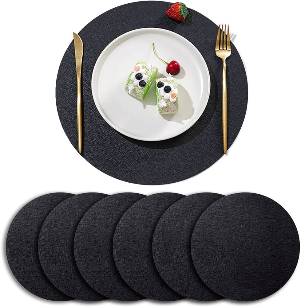 YONOVO 6Pack Faux Leather Placemats Set, Black Round PU Dinning Table Mats, Wipeable Easy to Clea... | Amazon (US)