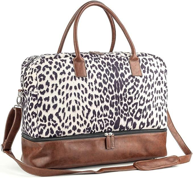 MyMealivos Canvas Weekender Bag, Overnight Travel Carry On Duffel with Shoe Pouch (leopard) | Amazon (US)