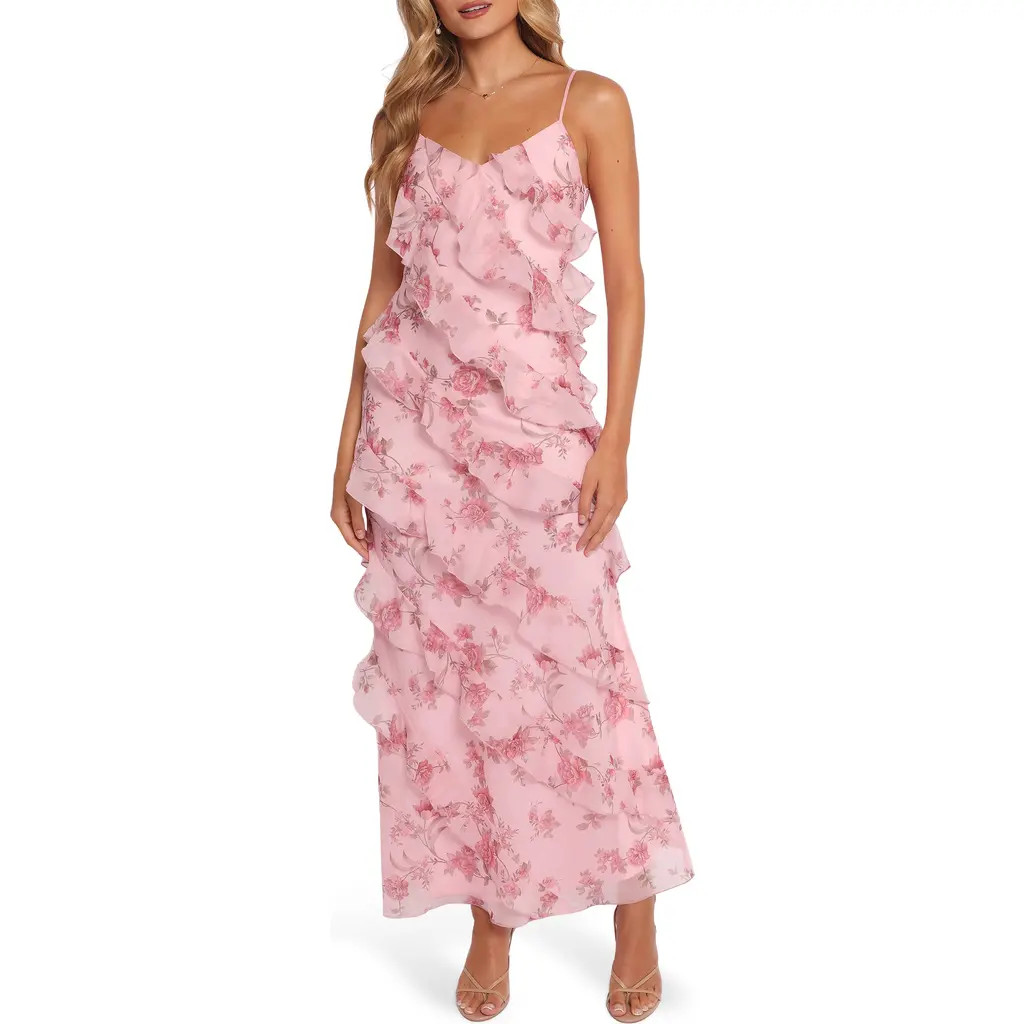 Petal & Pup Ciao Floral Ruffle Chiffon Gown in Pink Floral at Nordstrom, Size X-Small | Nordstrom
