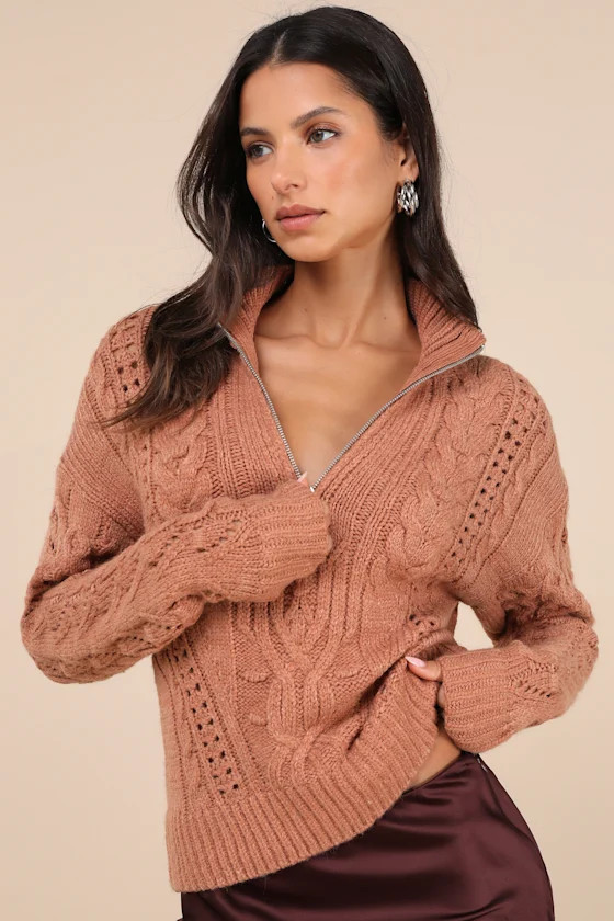 Stylish Forecast Brown Cable Knit Quarter-Zip Pullover Sweater | Lulus